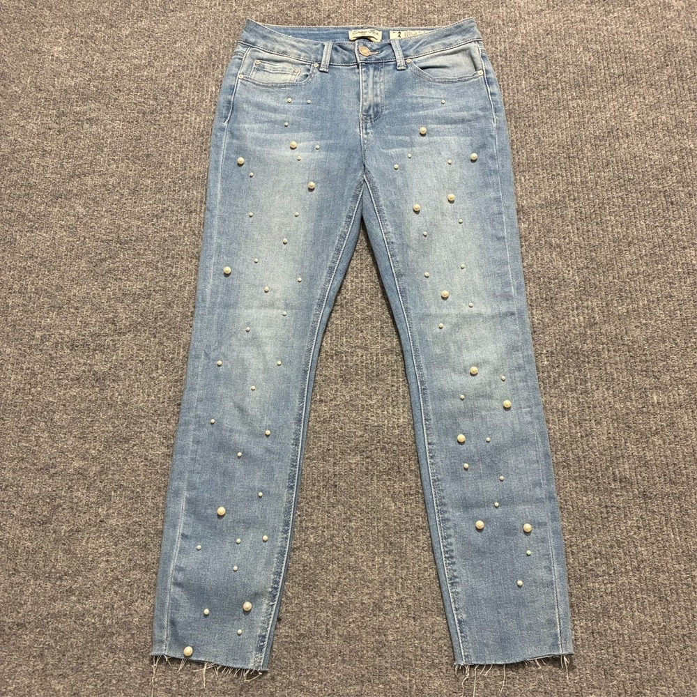 Indigo Rein Womens Skinny Jeans Size 3 Blue Denim Pearl Studded Raw Hem Mid Rise